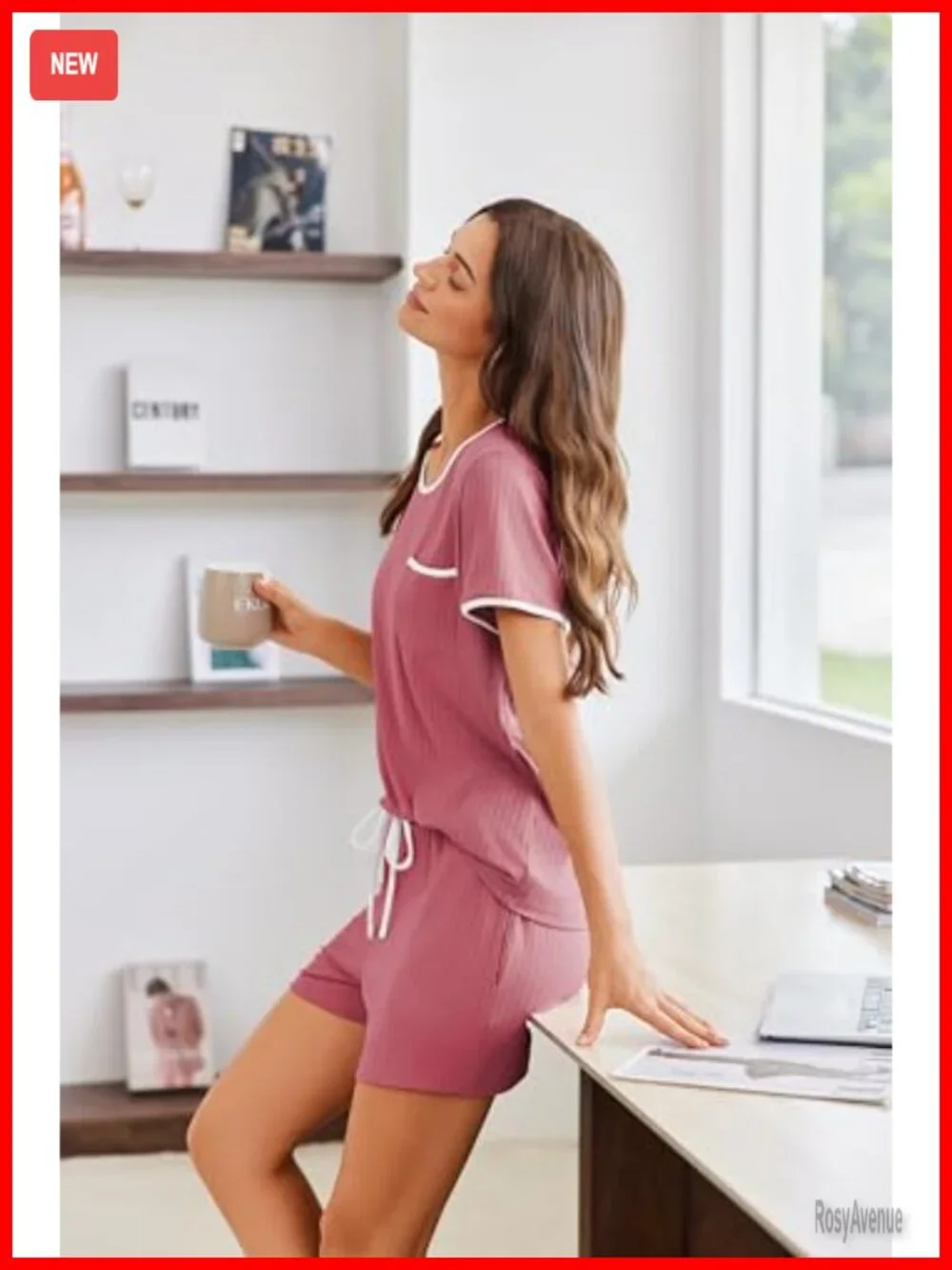 Ribbed Knit Pajama Set Short Sleeve Top and Shorts with Pockets Lounge Sleepwear